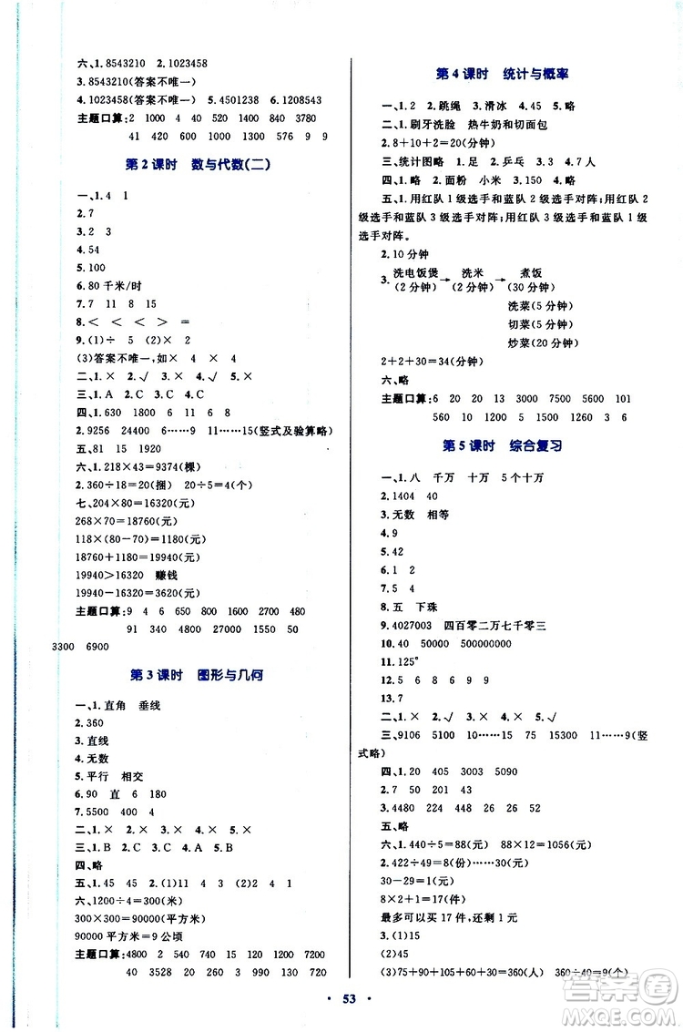 2019年小學(xué)同步學(xué)習(xí)目標(biāo)與檢測數(shù)學(xué)四年級上冊人教版參考答案