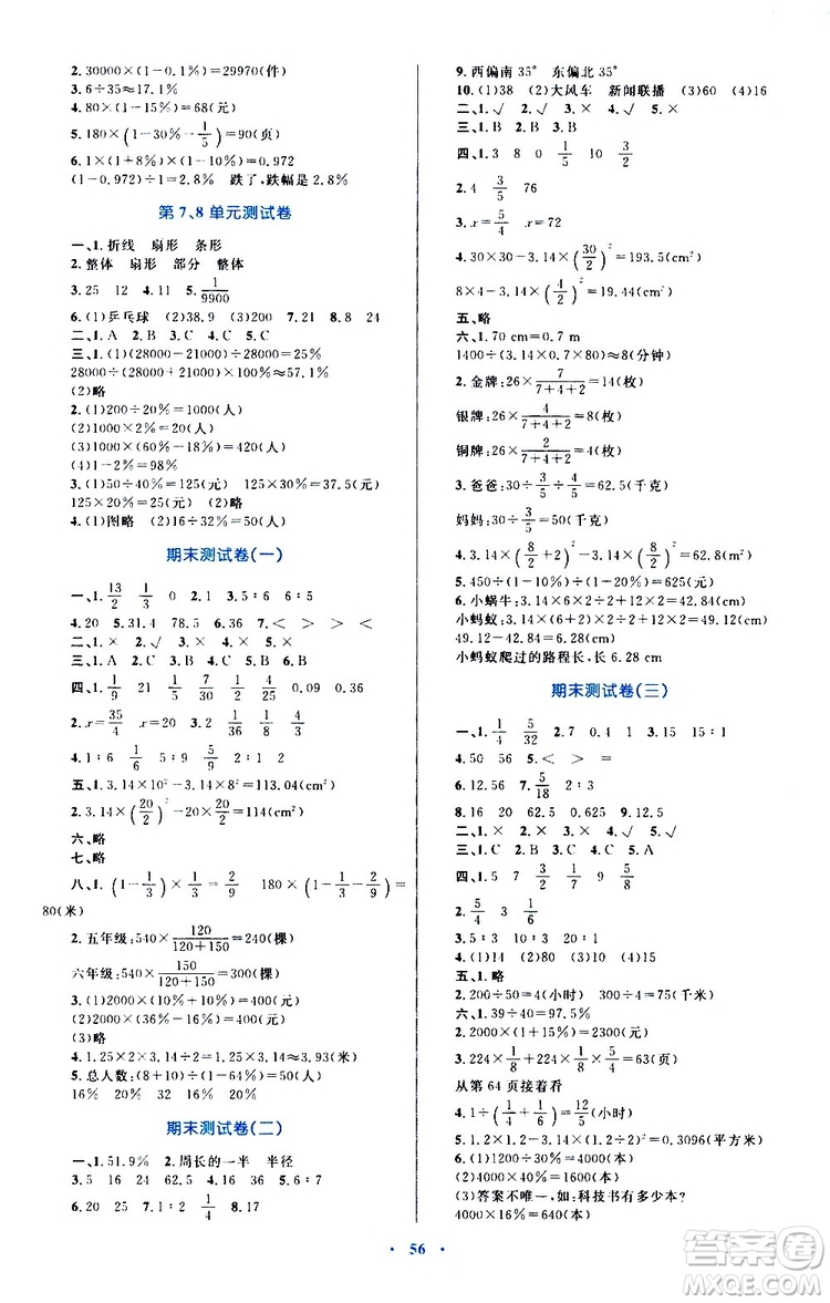 2019年小學(xué)同步學(xué)習(xí)目標(biāo)與檢測數(shù)學(xué)六年級上冊人教版參考答案