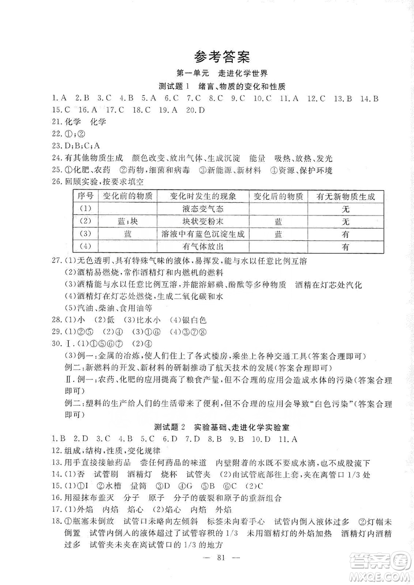 湖北教育出版社2019黃岡測試卷九年級化學(xué)上冊答案