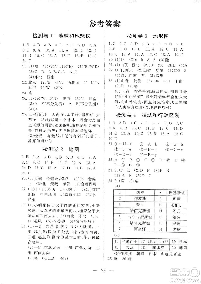 湖北教育出版社2019黃岡測試卷七年級地理上冊答案