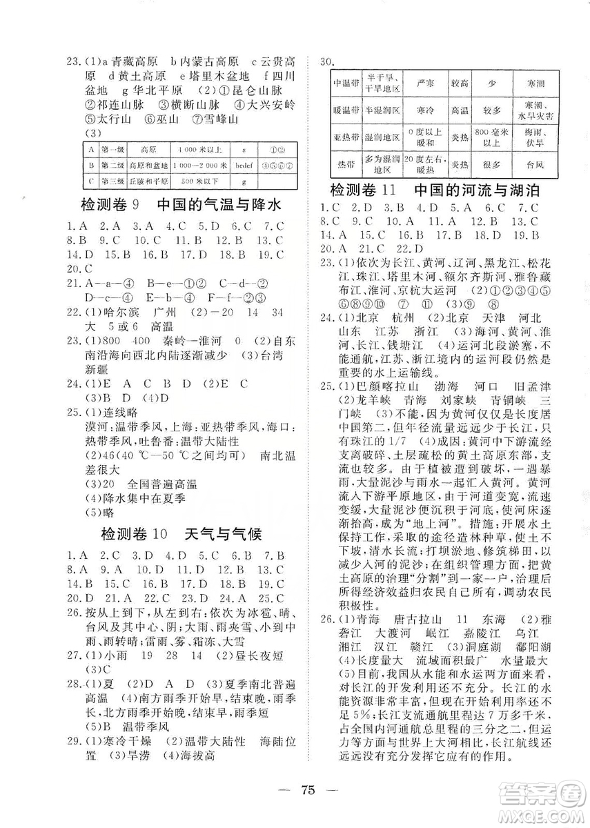 湖北教育出版社2019黃岡測試卷七年級地理上冊答案