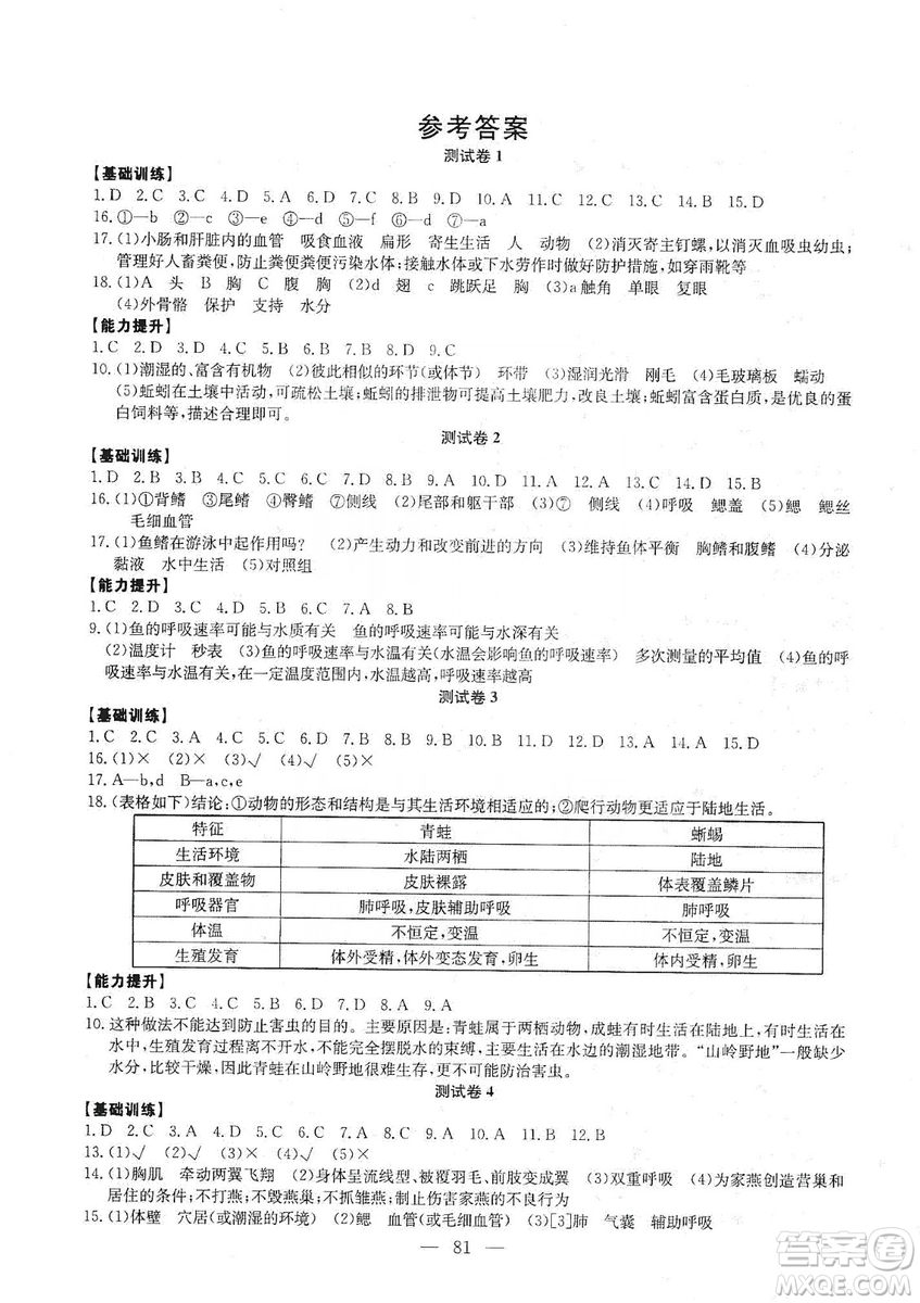 湖北教育出版社2019黃岡測試卷八年級生物上冊答案