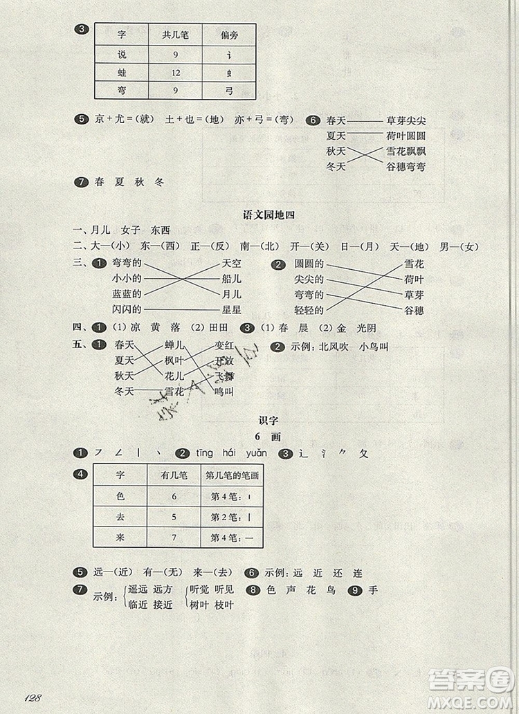 2019年華東師大版一課一練一年級語文第一學(xué)期參考答案