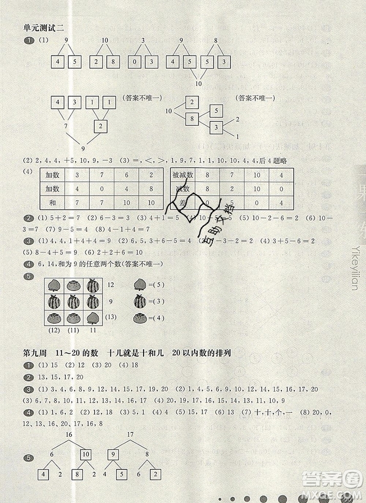 2019年華東師大版一課一練一年級(jí)數(shù)學(xué)第一學(xué)期增強(qiáng)版參考答案