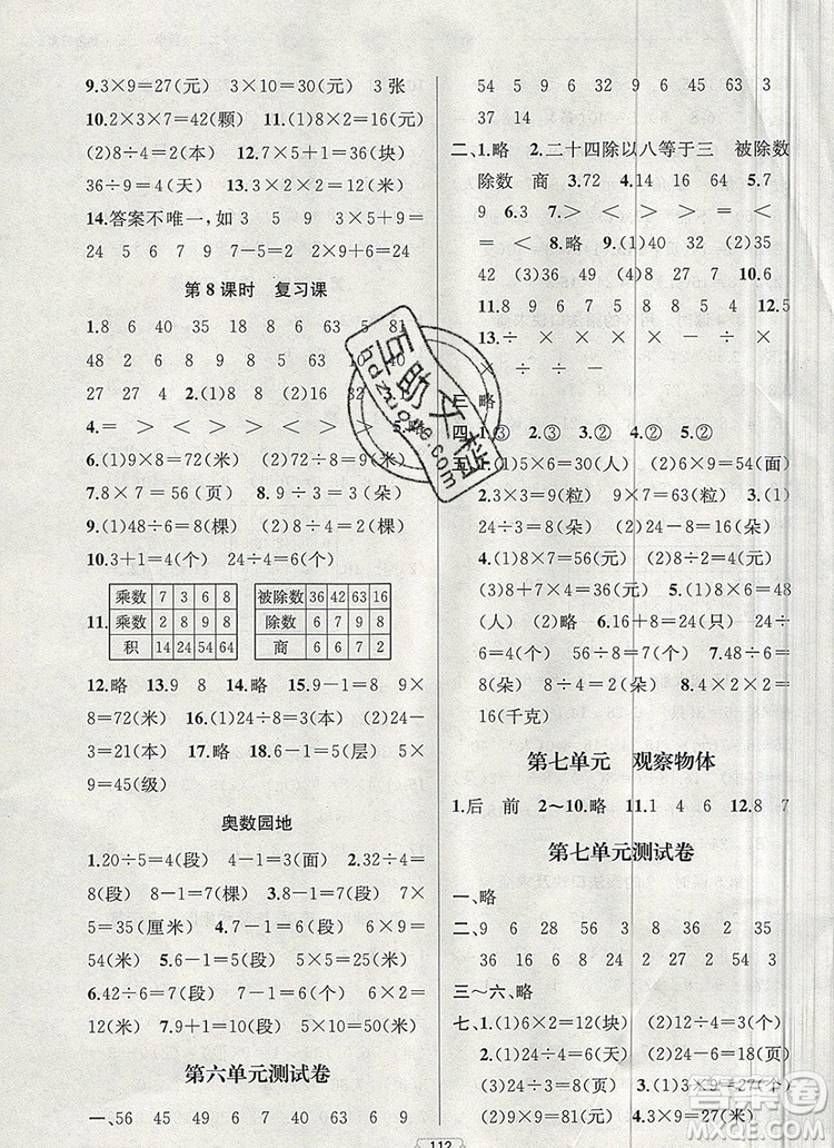 2019年金鑰匙提優(yōu)訓(xùn)練課課練二年級數(shù)學(xué)上冊江蘇版參考答案