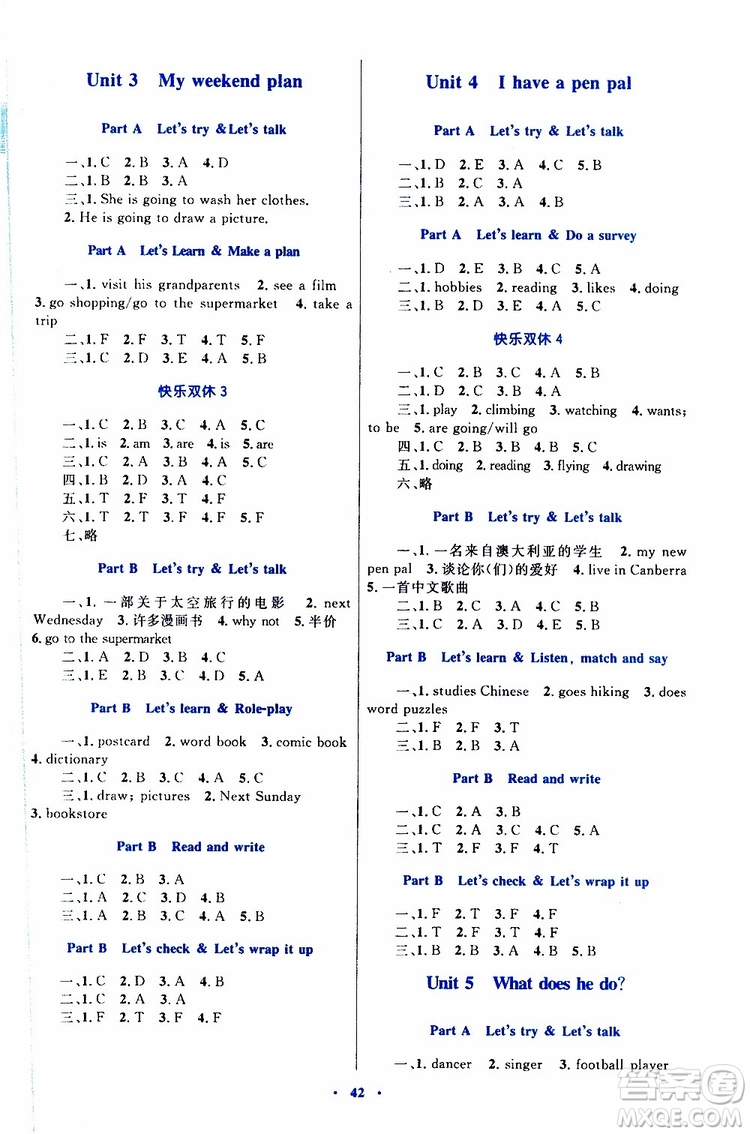 2019年小學(xué)同步學(xué)習(xí)目標與檢測英語六年級上冊人教版參考答案