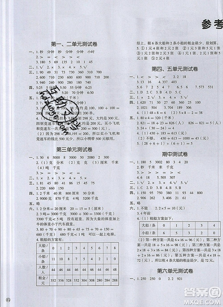 2019年一本我愛寫作業(yè)小學(xué)數(shù)學(xué)三年級上冊人教版參考答案