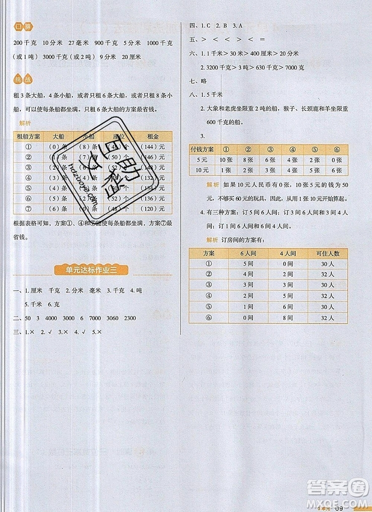 2019年一本我愛寫作業(yè)小學(xué)數(shù)學(xué)三年級上冊人教版參考答案