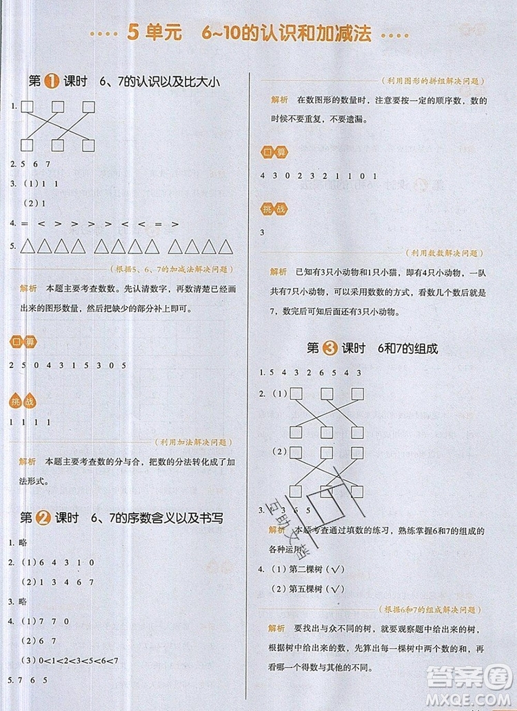 2019年一本我愛寫作業(yè)小學(xué)數(shù)學(xué)一年級上冊人教版參考答案