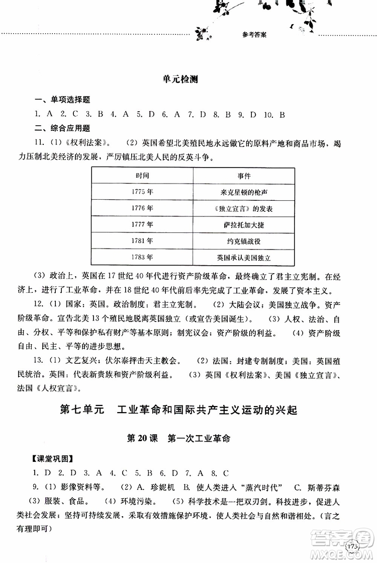 2019年初中課堂同步訓(xùn)練七年級(jí)世界歷史第一冊(cè)參考答案