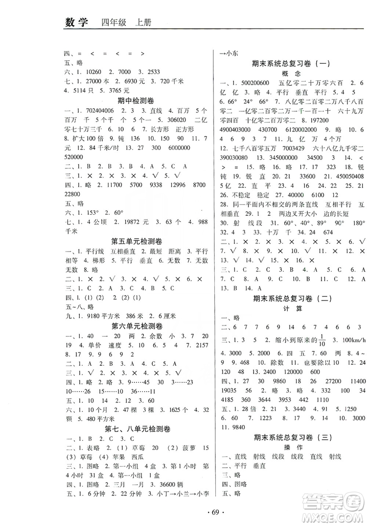 2019名校名師培優(yōu)作業(yè)本+核心試卷四年級(jí)數(shù)學(xué)上冊(cè)人教版答案