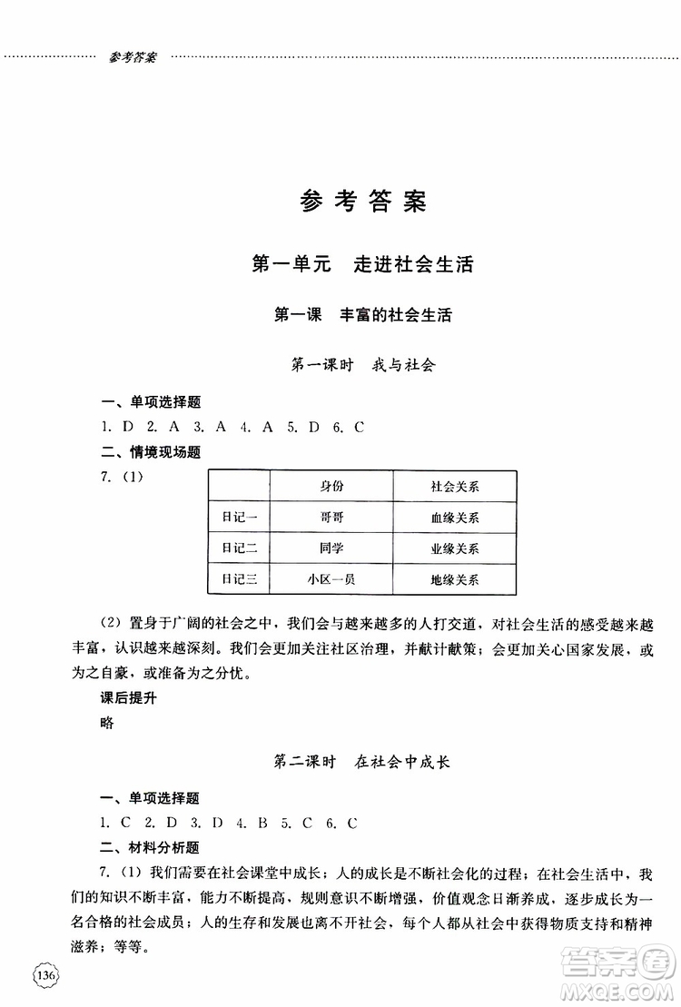 山東大學出版社2019年初中課堂同步訓練道德與法治八年級上冊參考答案