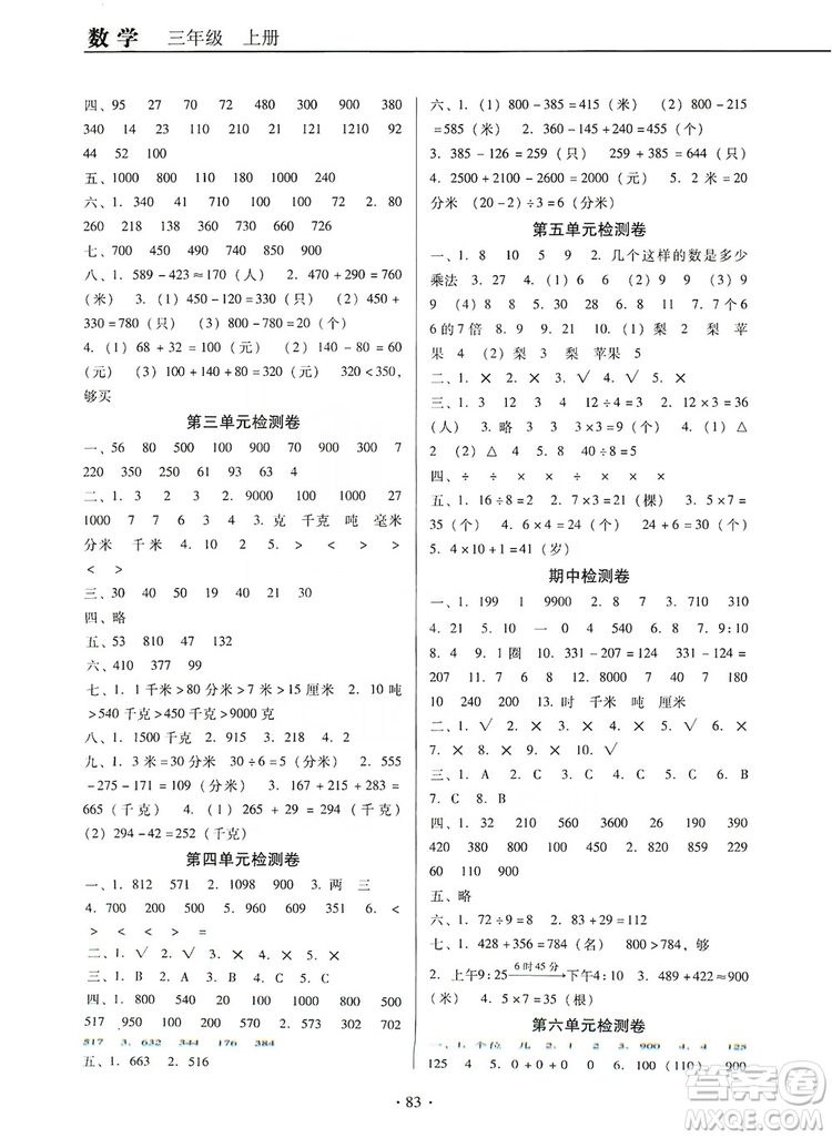 2019名校名師培優(yōu)作業(yè)本+核心試卷三年級(jí)數(shù)學(xué)上冊(cè)人教版答案