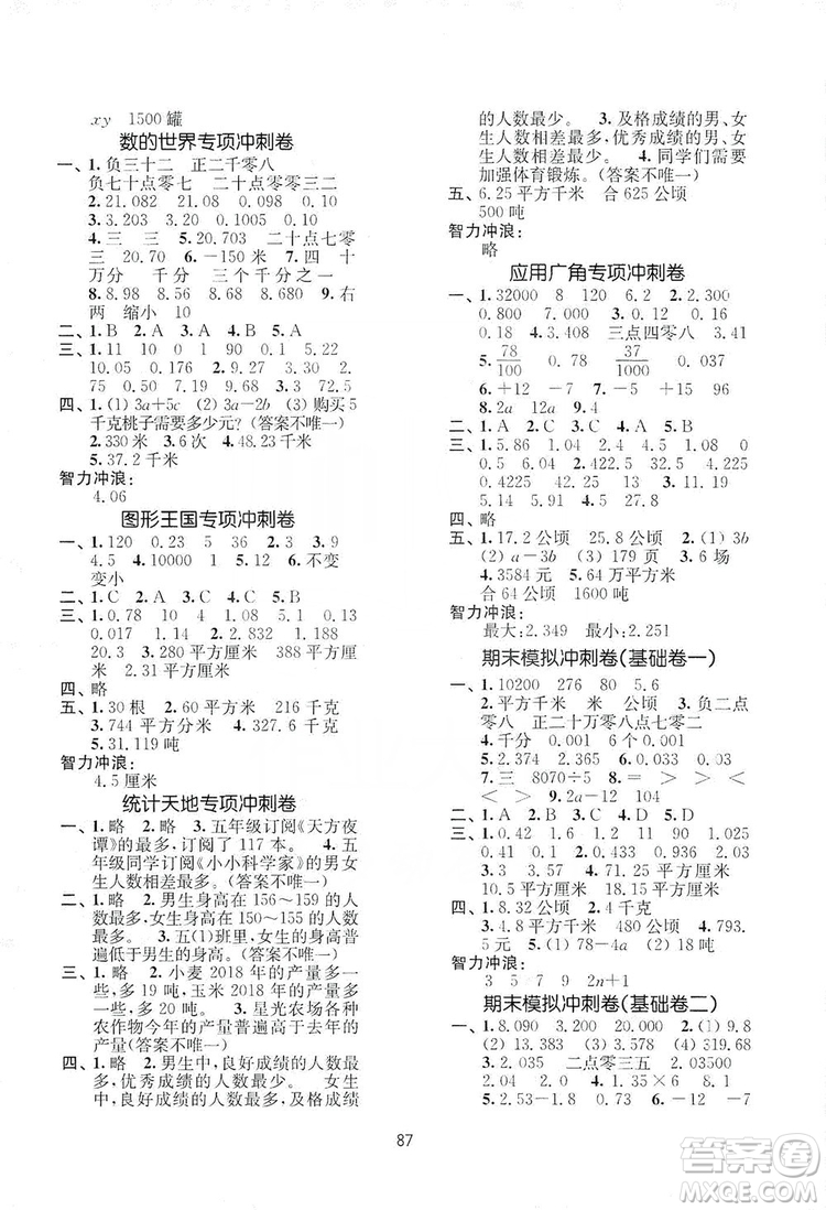 南京大學(xué)出版社2019期末沖刺滿分卷五年級(jí)數(shù)學(xué)上冊(cè)蘇教版答案