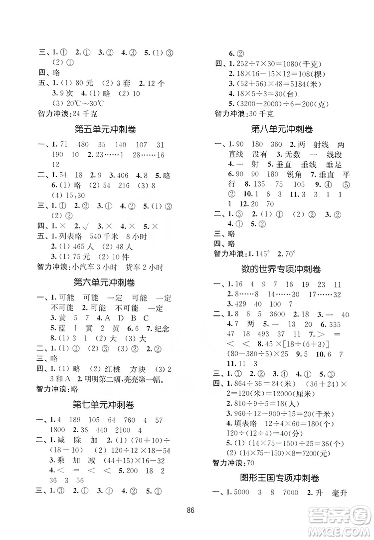 2019名師點撥期末沖刺滿分卷四年級數(shù)學(xué)上冊江蘇版適用答案