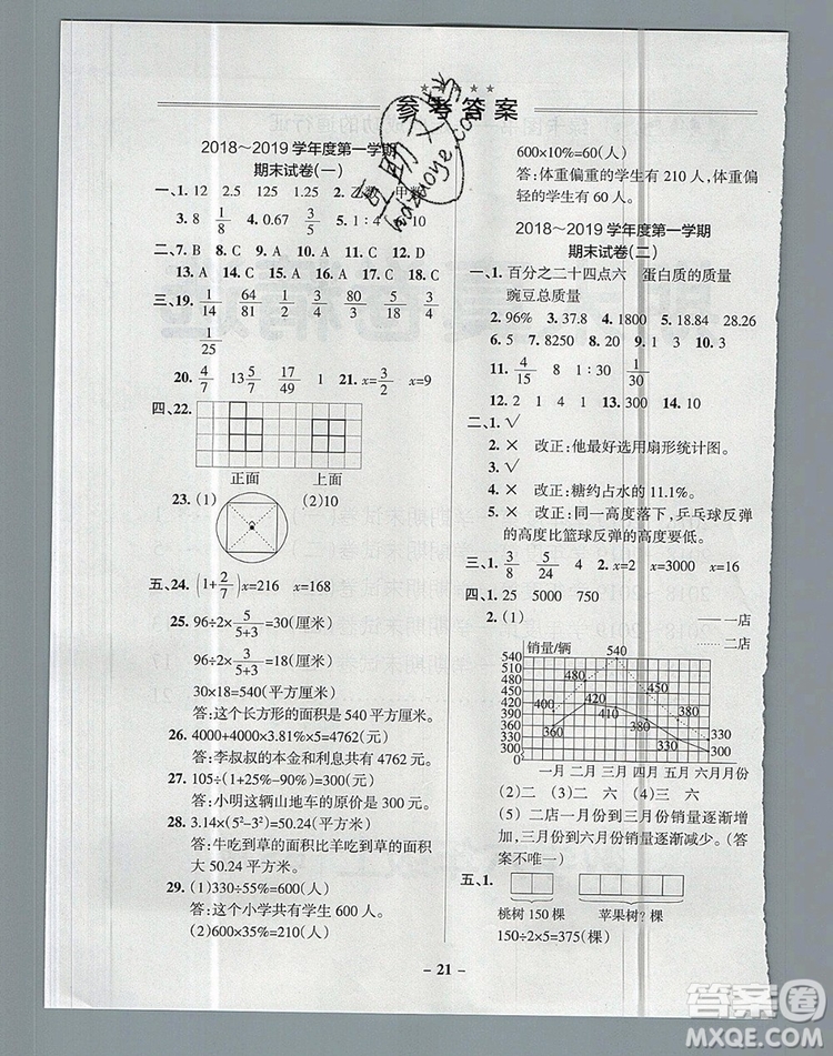 2019年北師大版PASS小學(xué)學(xué)霸作業(yè)本六年級(jí)數(shù)學(xué)上冊(cè)參考答案