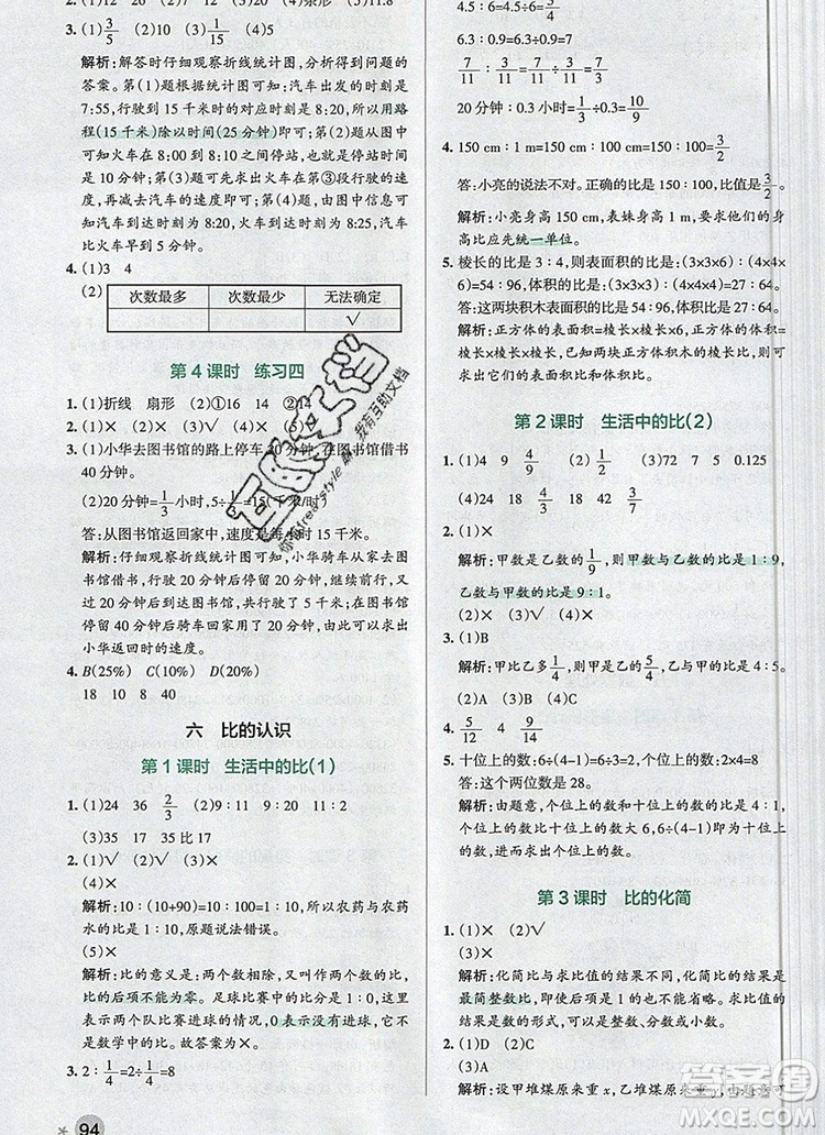 2019年北師大版PASS小學(xué)學(xué)霸作業(yè)本六年級(jí)數(shù)學(xué)上冊(cè)參考答案