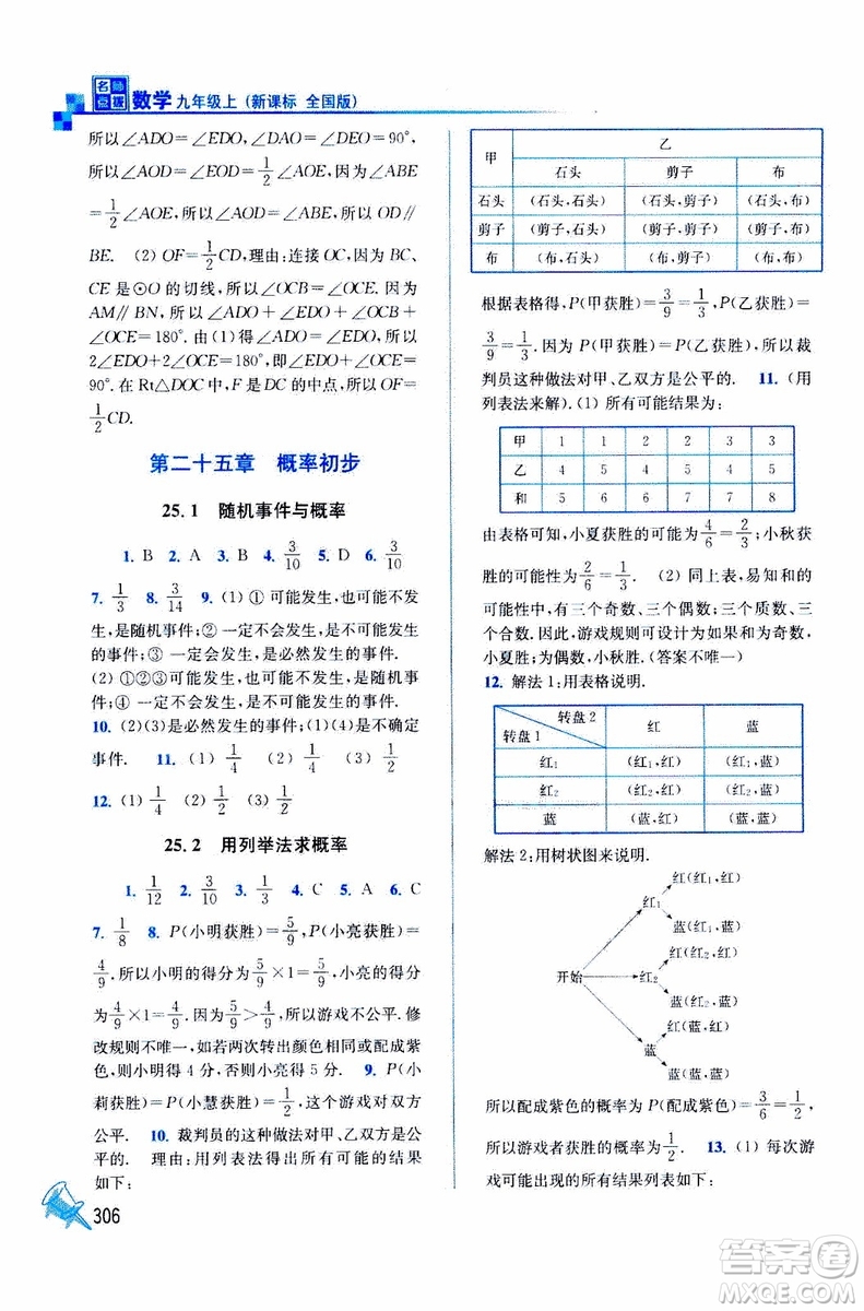 2019年名師點(diǎn)撥課課通教材全解析數(shù)學(xué)九年級上新課標(biāo)全國版參考答案