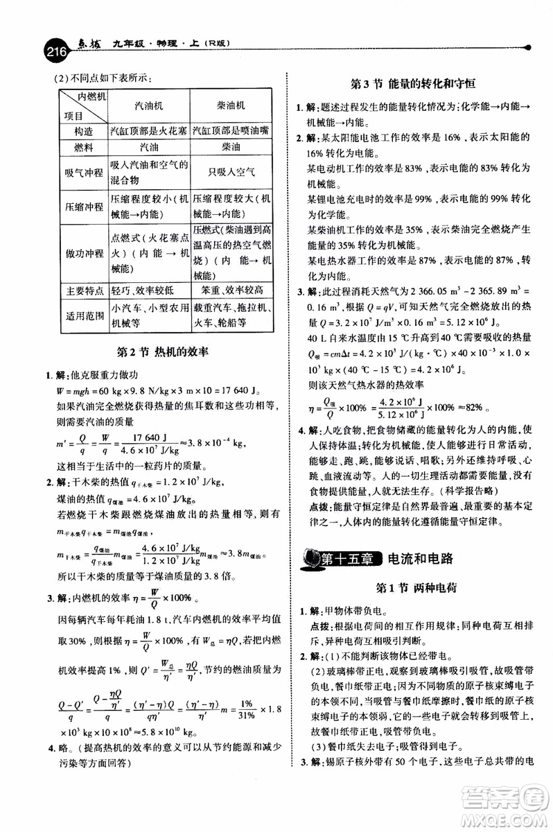 2019年榮德基特高級(jí)教師點(diǎn)撥物理九年級(jí)上R版人教版參考答案