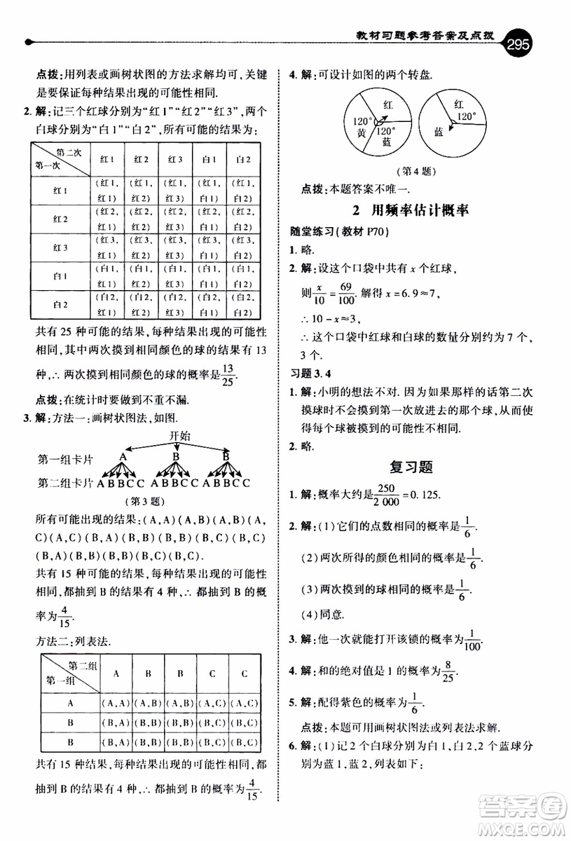 2019年榮德基特高級(jí)教師點(diǎn)撥數(shù)學(xué)九年級(jí)上BS版北師版參考答案