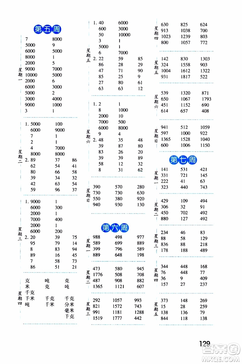 2019秋經(jīng)綸學典口算達人三年級數(shù)學上冊RJ人教版參考答案