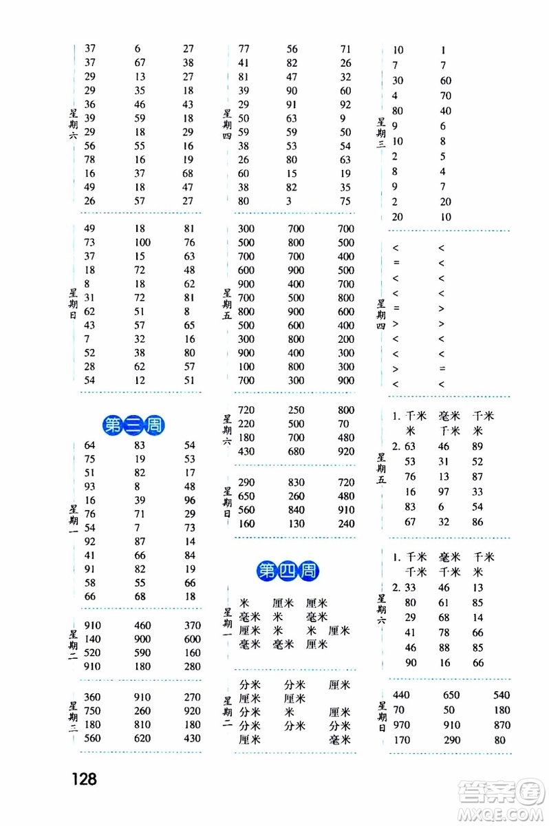 2019秋經(jīng)綸學典口算達人三年級數(shù)學上冊RJ人教版參考答案