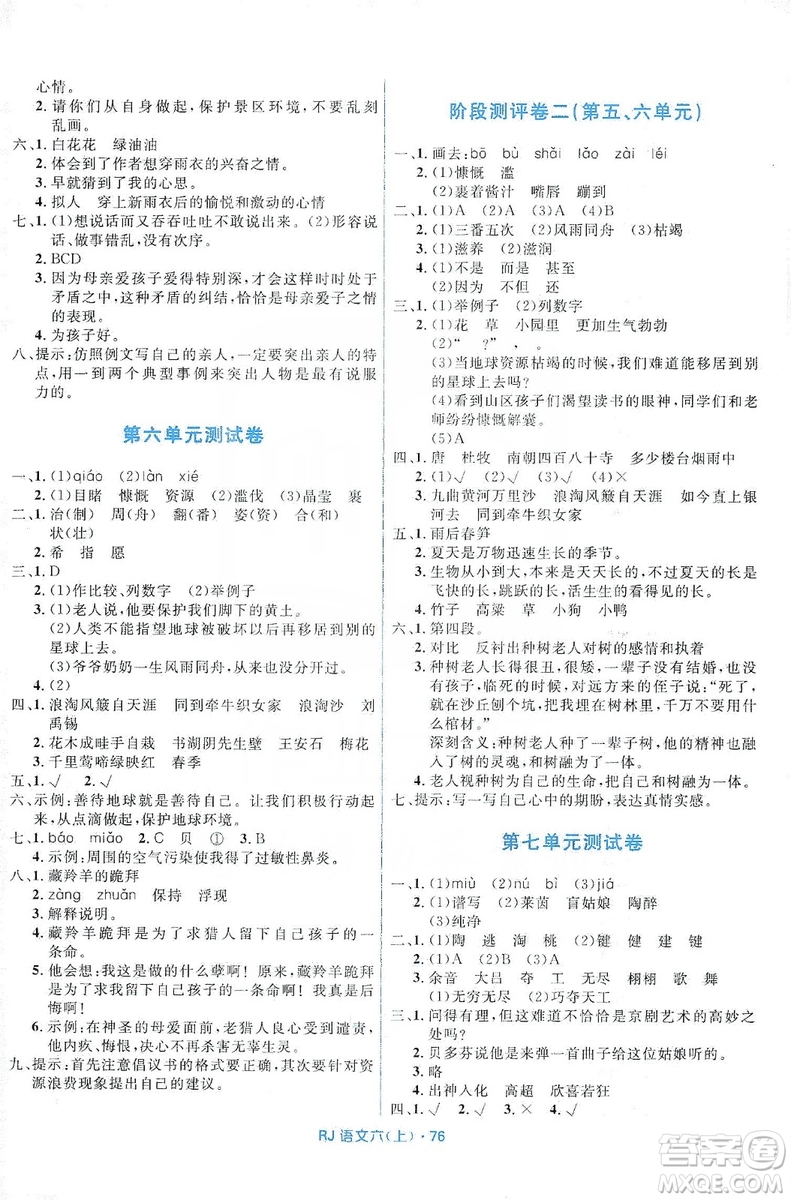 贏在起跑線2019天天100分小學優(yōu)化測試卷六年級語文上冊RJ人教版答案