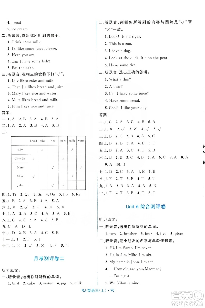 贏在起跑線2019天天100分小學(xué)優(yōu)化測試卷英語三年級上冊RJ人教版答案