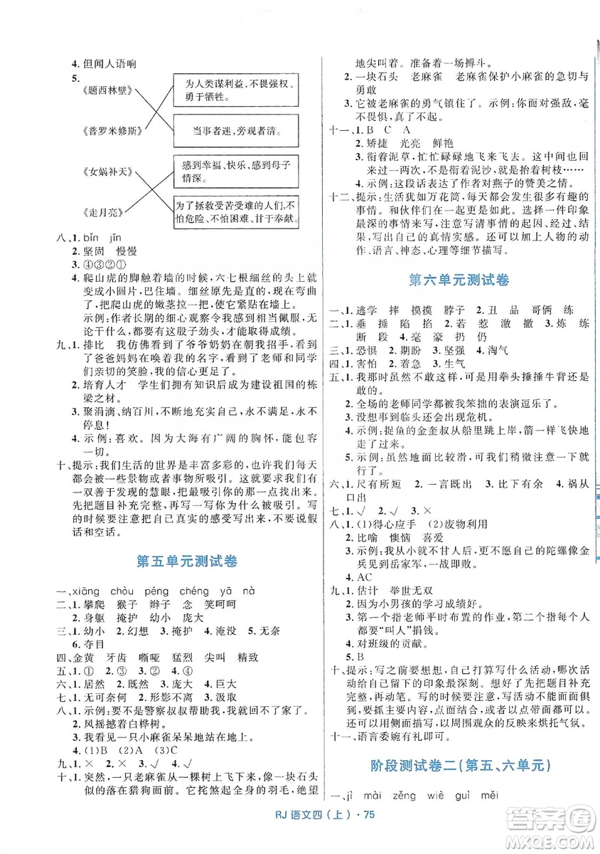 贏在起跑線2019天天100分小學(xué)優(yōu)化測試卷語文四年級上冊RJ人教版答案