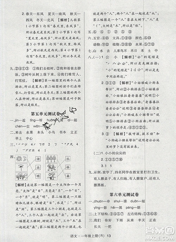 2019年?duì)钤焯炀毻骄毩?xí)一年級(jí)語(yǔ)文上冊(cè)人教版參考答案