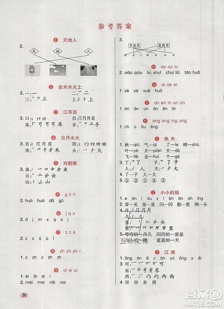 2019年?duì)钤焯炀毻骄毩?xí)一年級(jí)語(yǔ)文上冊(cè)人教版參考答案