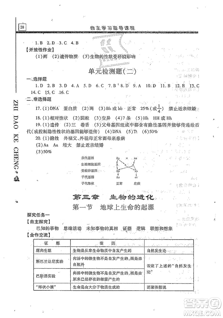 明天出版社2019自主學習指導課程生物學八年級全一冊人教版答案