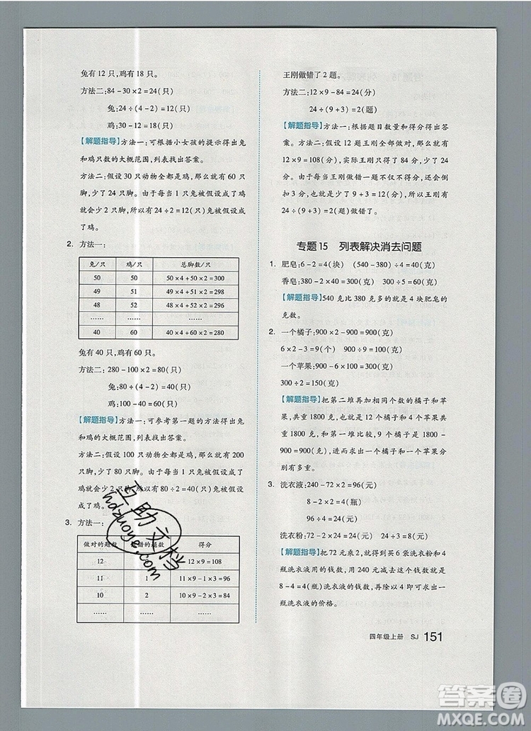 2019年全品作業(yè)本四年級(jí)數(shù)學(xué)上冊(cè)蘇教版參考答案