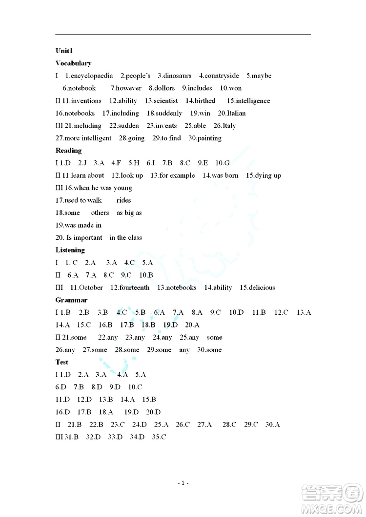 2019秋知識(shí)與能力訓(xùn)練英語(yǔ)自主學(xué)習(xí)手冊(cè)八年級(jí)上冊(cè)基礎(chǔ)版上教版參考答案