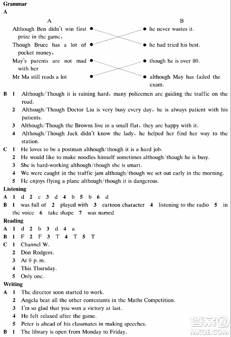 海天出版社2019秋知識(shí)與能力訓(xùn)練英語(yǔ)評(píng)價(jià)手冊(cè)九年級(jí)A上教版參考答案