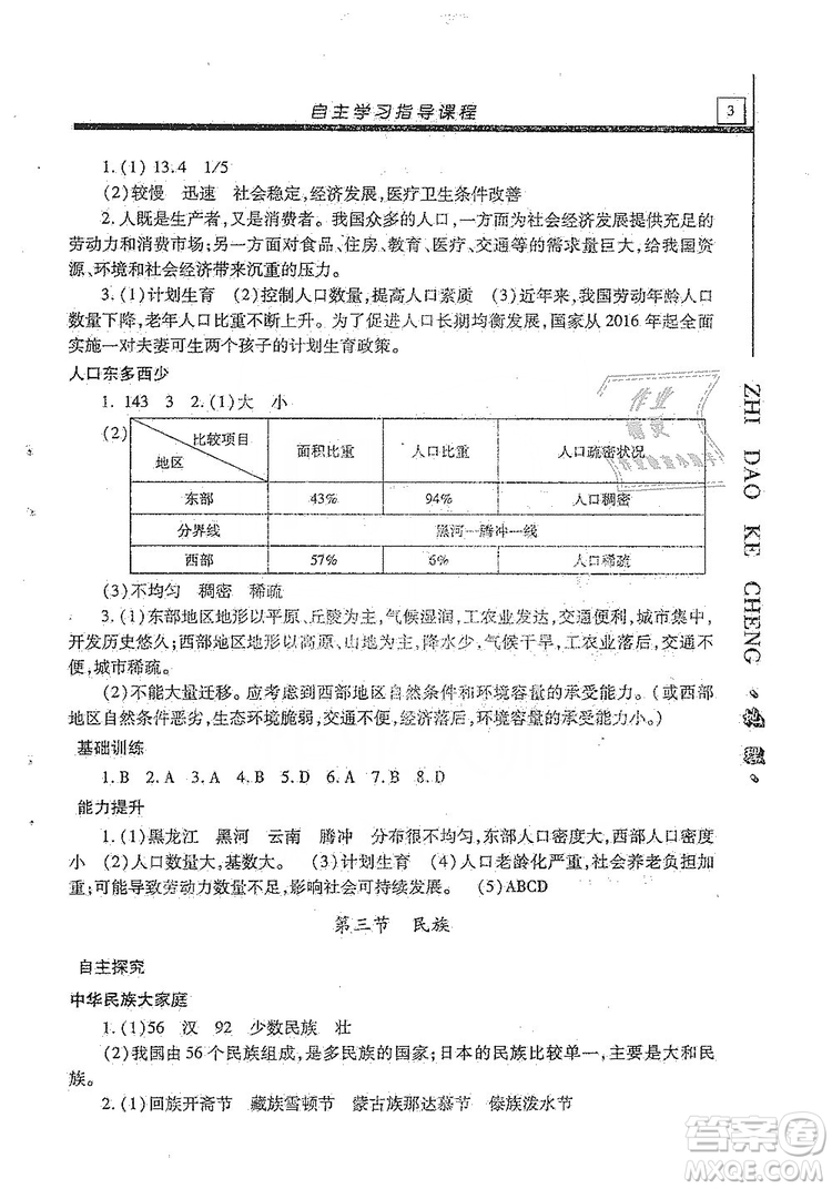 明天出版社2019自主學習指導課程八年級地理全一冊人教版答案