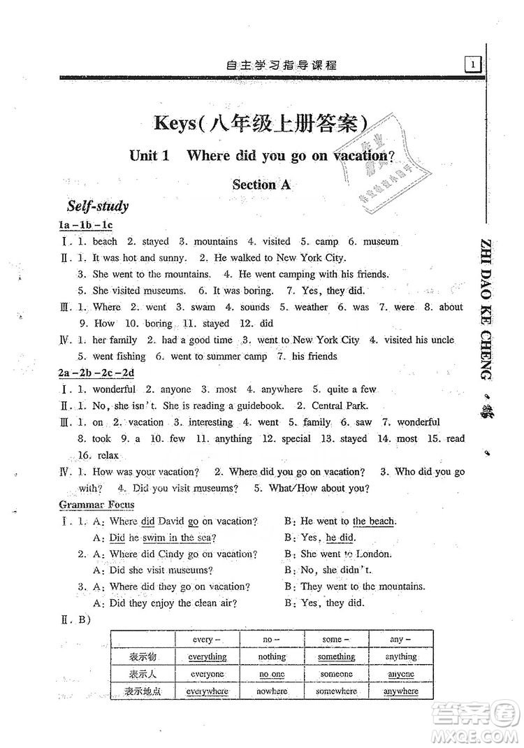 明天出版社2019自主學(xué)習(xí)指導(dǎo)課程8年級(jí)英語(yǔ)上冊(cè)人教版答案