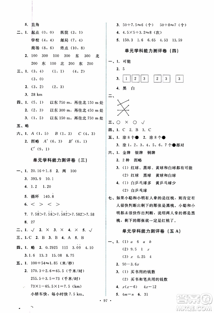 2019年能力培養(yǎng)與測(cè)試數(shù)學(xué)五年級(jí)上冊(cè)人教版參考答案