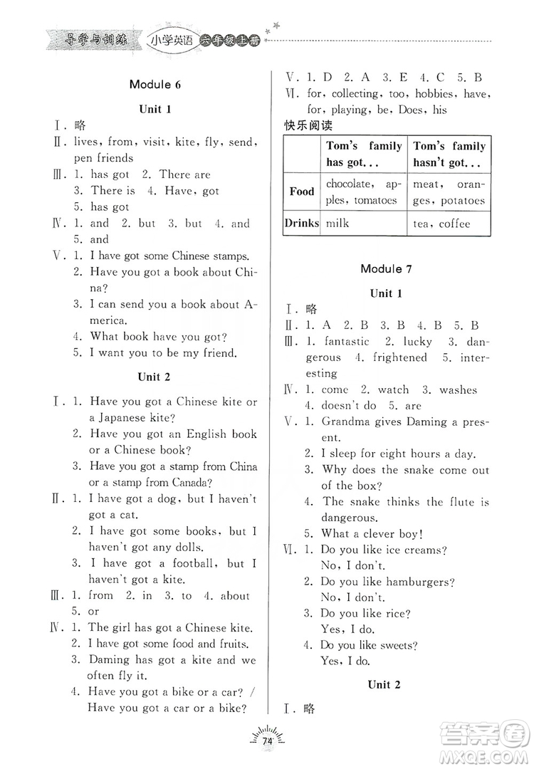 齊魯書社2019小學(xué)導(dǎo)學(xué)與訓(xùn)練六年級英語外研版上冊答案