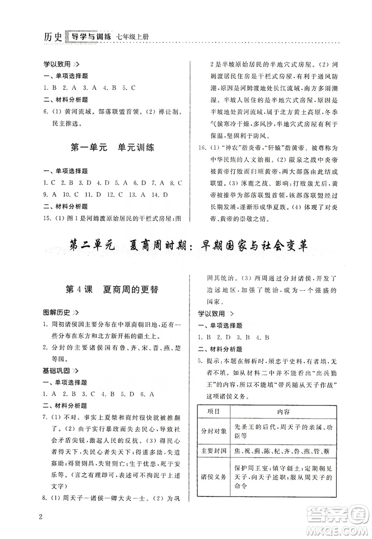 山東人民出版社2019導學與訓練七年級歷史上冊人教版答案