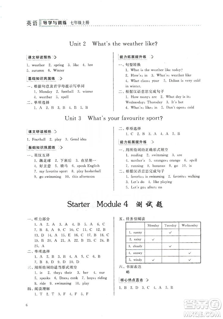 山東人民出版社2019導(dǎo)學(xué)與訓(xùn)練七年級英語上冊外研版答案