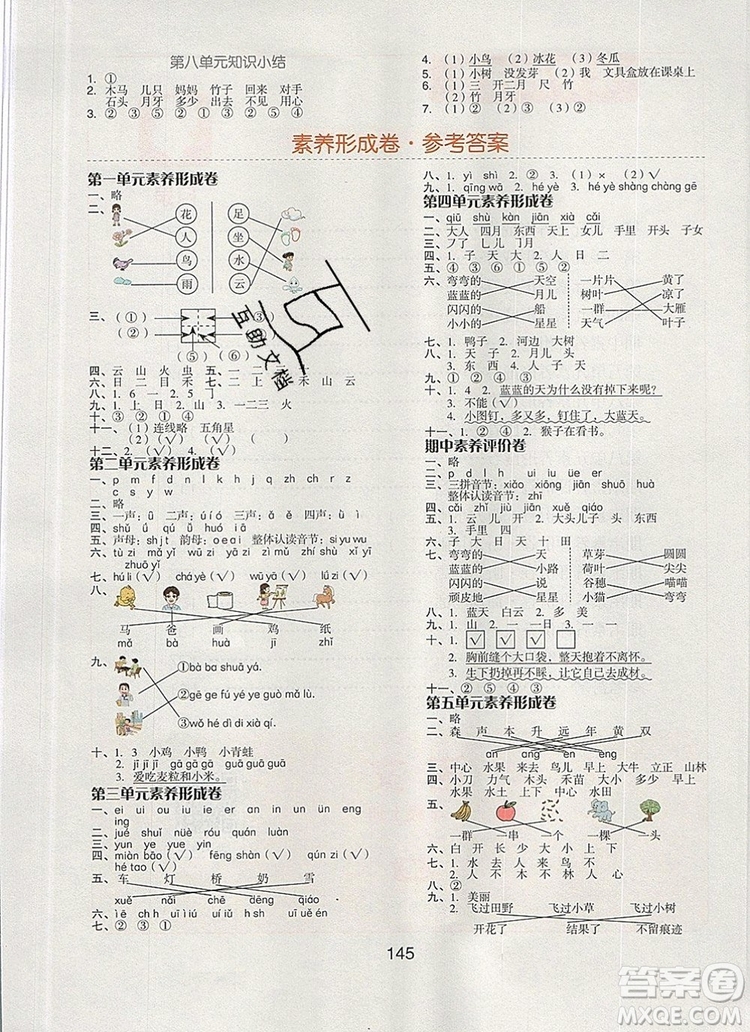 全品學(xué)練考一年級語文上冊京津?qū)０?019年秋新版答案