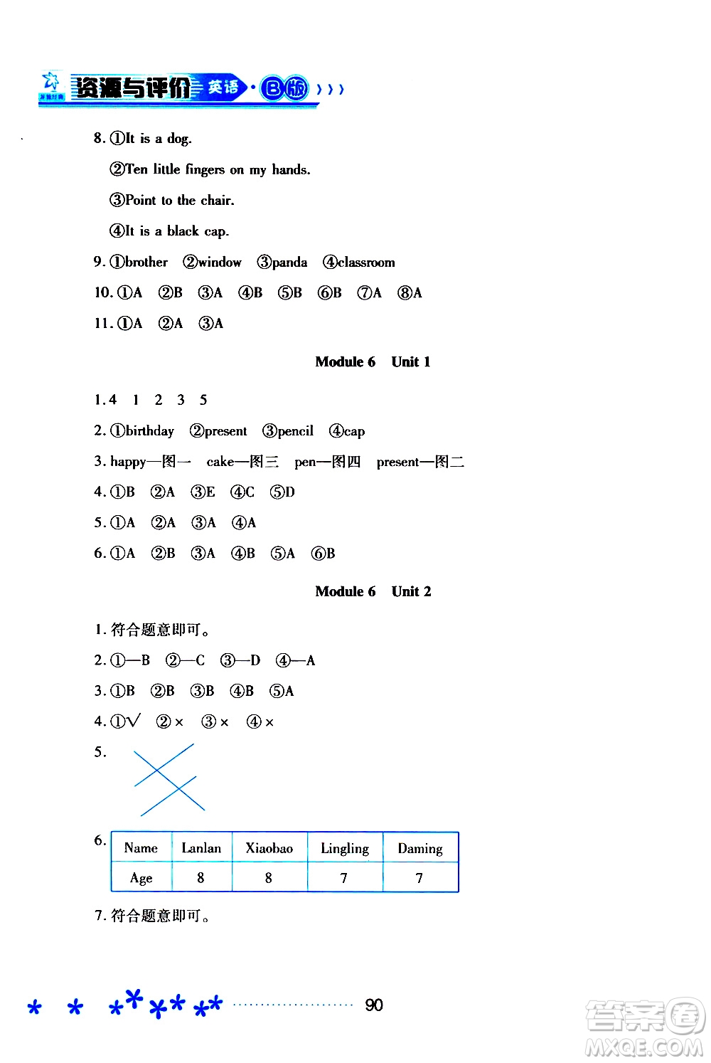 2019年資源與評價英語三年級上冊外研版B版參考答案