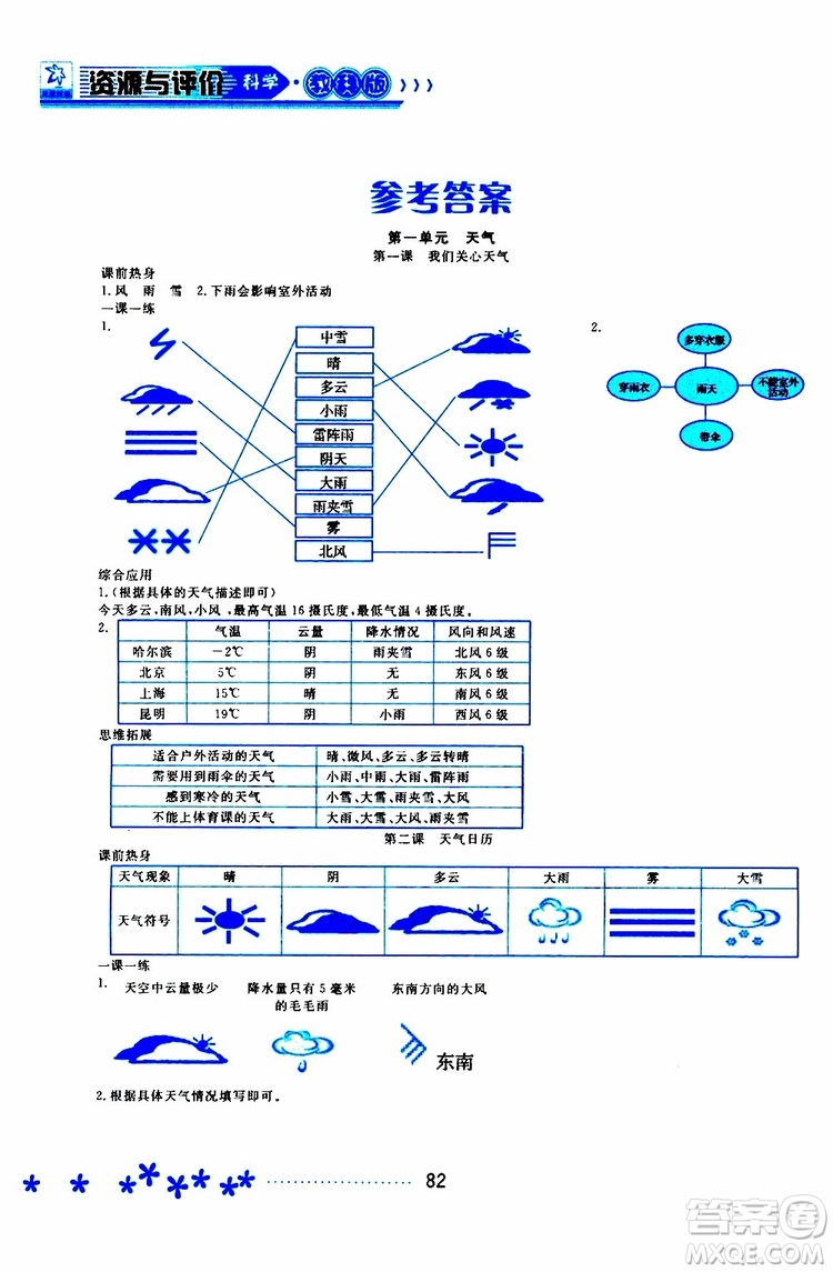 黑龍江教育出版社2019年資源與評價(jià)科學(xué)四年級上冊教科版參考答案