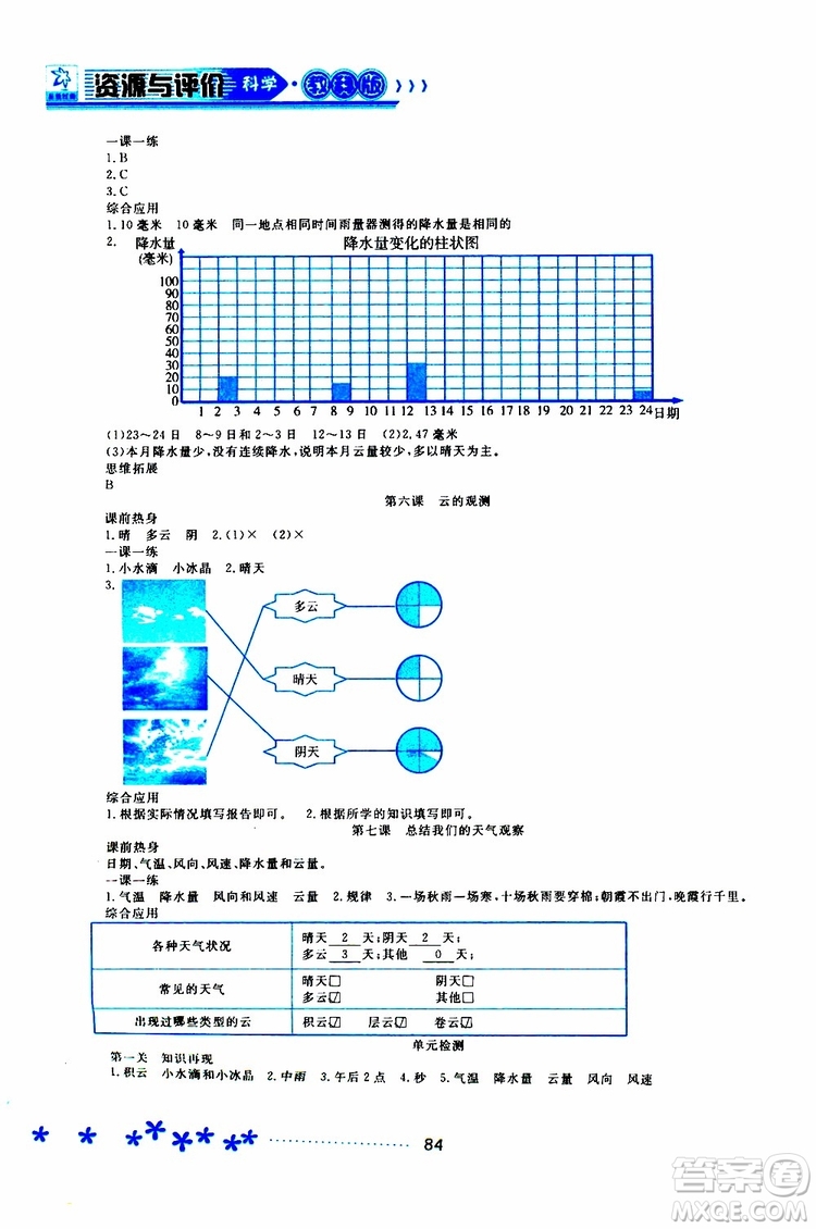 黑龍江教育出版社2019年資源與評價(jià)科學(xué)四年級上冊教科版參考答案