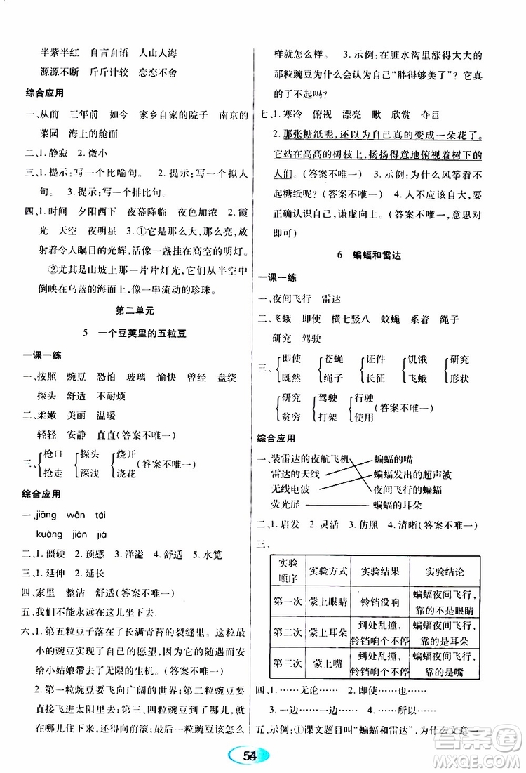 黑龍江教育出版社2019年資源與評價(jià)語文四年級上冊人教版參考答案