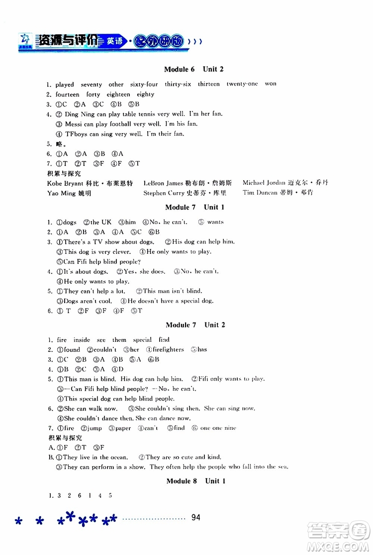 黑龍江教育出版社2019年資源與評價英語五年級上冊外研版參考答案