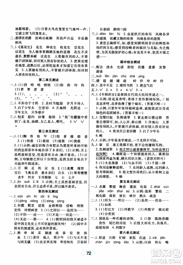 黑龍江教育出版社2019年資源與評價語文五年級上冊人教版參考答案