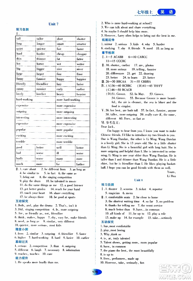 2019年五四學(xué)制資源與評價(jià)英語七年級上冊山教版參考答案