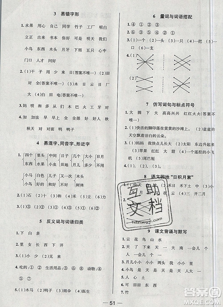 現(xiàn)代教育出版社2019年走向優(yōu)等生一年級(jí)語(yǔ)文上冊(cè)人教版答案